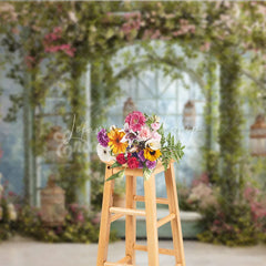 Lofaris Enchanted Garden Archway Photography Backdrop with Pink and White Blossoms Lush Green Vines Hanging Lanterns
