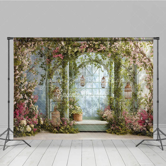 Lofaris Enchanted Garden Archway Photography Backdrop with Pink and White Blossoms Lush Green Vines Hanging Lanterns