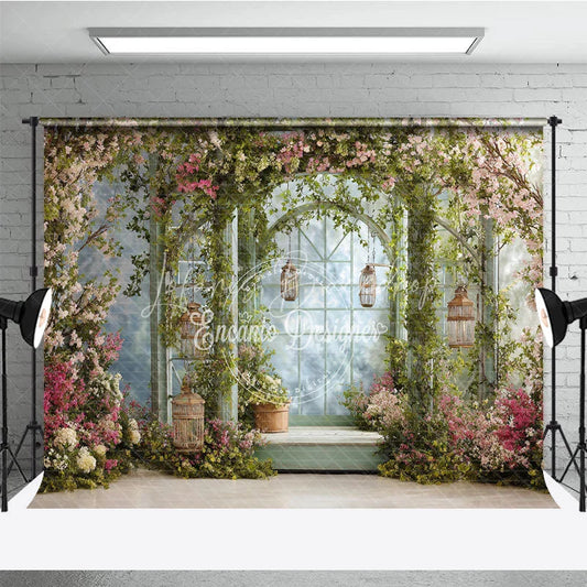 Lofaris Enchanted Garden Archway Photography Backdrop with Pink and White Blossoms Lush Green Vines Hanging Lanterns