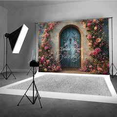 Lofaris Enchanted Garden Door Photography Backdrop Climbing Pink Roses on Blue Fairytale Fine Art Photo Background
