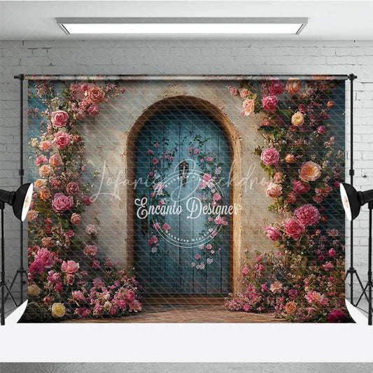 Lofaris Enchanted Garden Door Photography Backdrop Climbing Pink Roses on Blue Fairytale Fine Art Photo Background