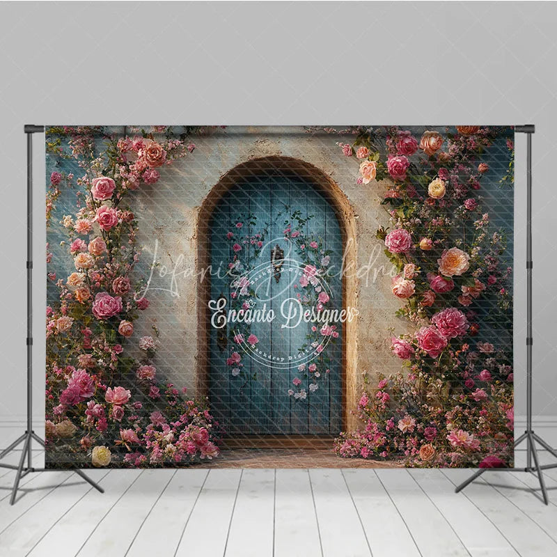 Lofaris Enchanted Garden Door Photography Backdrop Climbing Pink Roses on Blue Fairytale Fine Art Photo Background