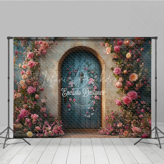 Lofaris Enchanted Garden Door Photography Backdrop Climbing Pink Roses on Blue Fairytale Fine Art Photo Background