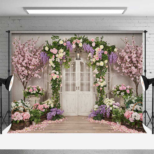 Lofaris Enchanted Garden Doorway Photography Backdrop Spring Floral Arch with Pink Roses Wedding or Bridal Shower Photo Prop