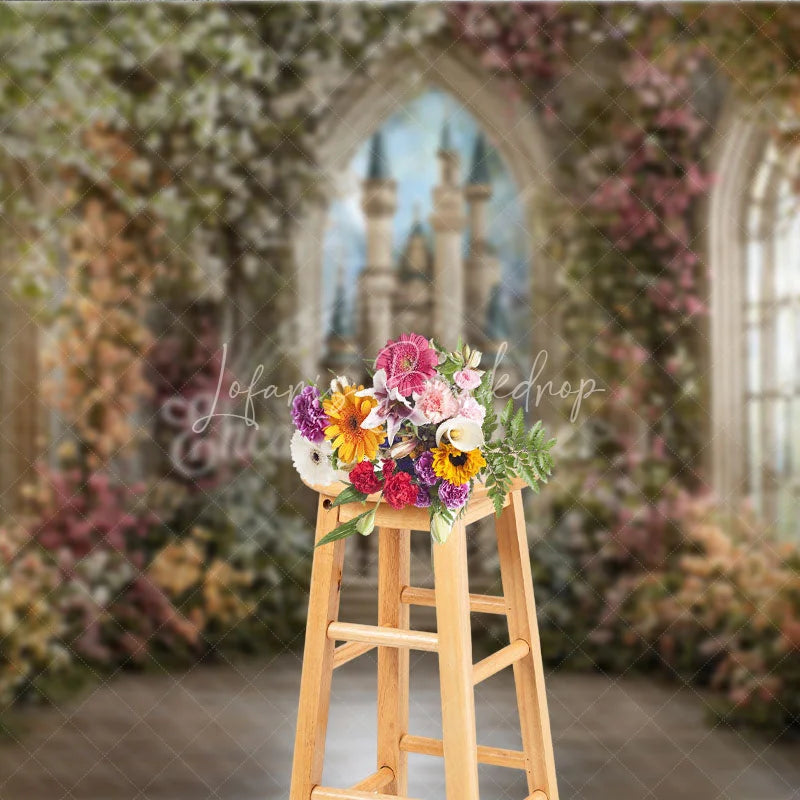 Lofaris Enchanted Garden Fairytale Castle Photography Backdrop Princess Birthday Party Floral Arch Window Decor