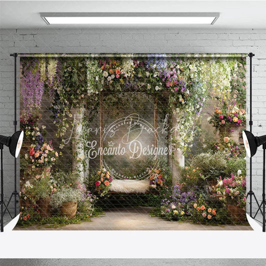 Lofaris Enchanted Garden Floral Archway Photography Backdrop with Rustic Swing and Lush Wisteria Dreamy Portrait Decor