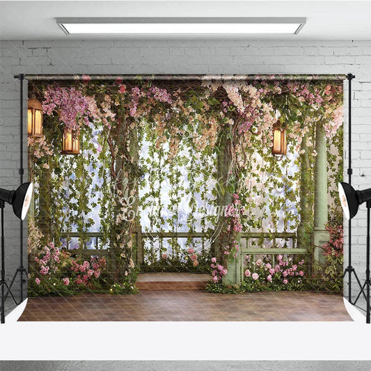 Lofaris Enchanted Garden Floral Photography Backdrop with Greenery and Lanterns Romantic Wedding Party Portrait Decor