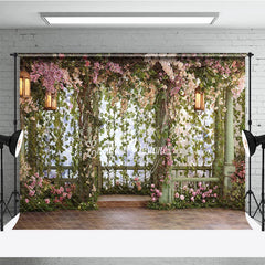 Lofaris Enchanted Garden Floral Photography Backdrop with Greenery and Lanterns Romantic Wedding Party Portrait Decor