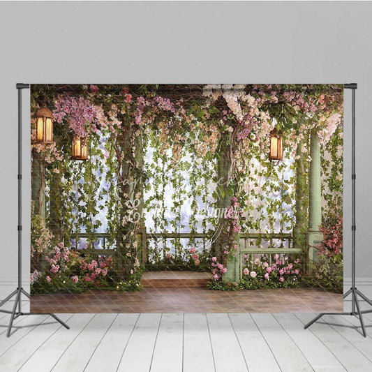 Lofaris Enchanted Garden Floral Photography Backdrop with Greenery and Lanterns Romantic Wedding Party Portrait Decor