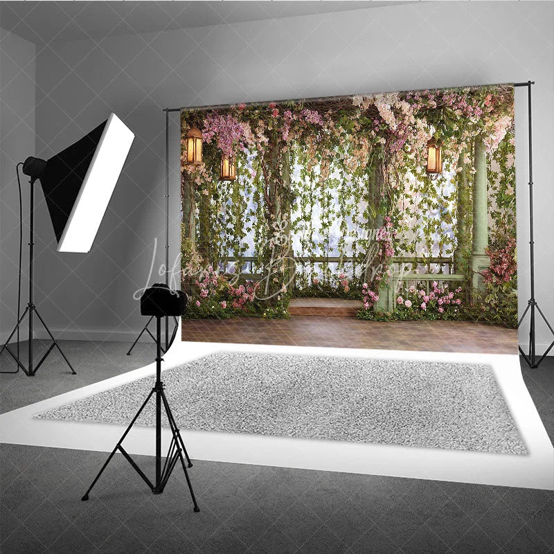 Lofaris Enchanted Garden Floral Photography Backdrop with Greenery and Lanterns Romantic Wedding Party Portrait Decor