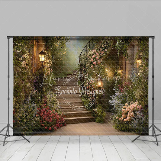 Lofaris Enchanted Garden Floral Staircase Photography Backdrop Blooming Flowers and Warm Lanterns Romantic Fairytale Setting.