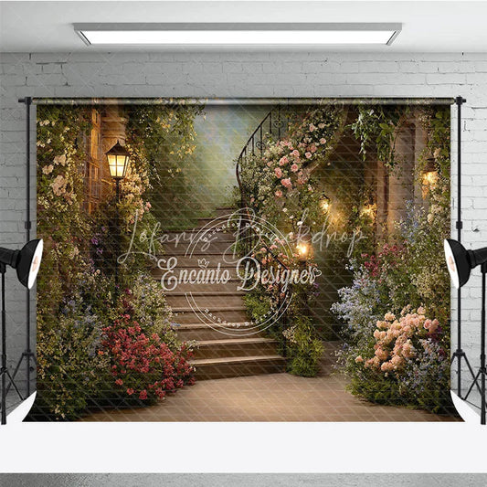 Lofaris Enchanted Garden Floral Staircase Photography Backdrop Blooming Flowers and Warm Lanterns Romantic Fairytale Setting.