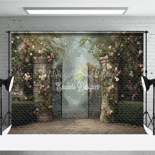 Lofaris Enchanted Garden Gate Backdrop Cobblestone Path with Iron Pink Rose Floral Photography Background Prop