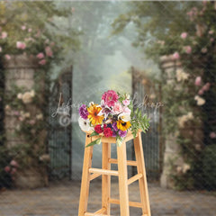 Lofaris Enchanted Garden Gate Backdrop Cobblestone Path with Iron Pink Rose Floral Photography Background Prop