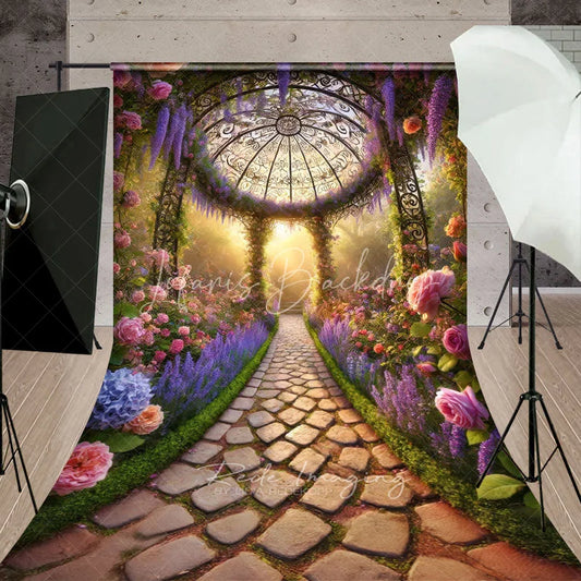 Lofaris Enchanted Garden Gazebo Backdrop Rose and Lavender Path with Sunlit Stone Romantic Summer Photography