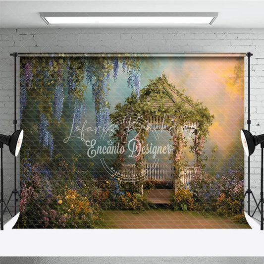 Lofaris Enchanted Garden Gazebo Photography Backdrop with Lush Wisteria and Colorful Spring Flowers Romantic Fairytale Scene