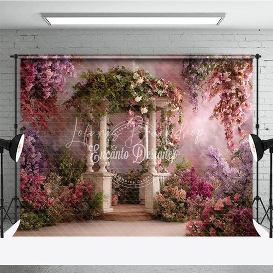 Lofaris Enchanted Garden Gazebo Photography Backdrop with Pink and Purple Wisteria Flowers Spring Summer Theme for Portraits