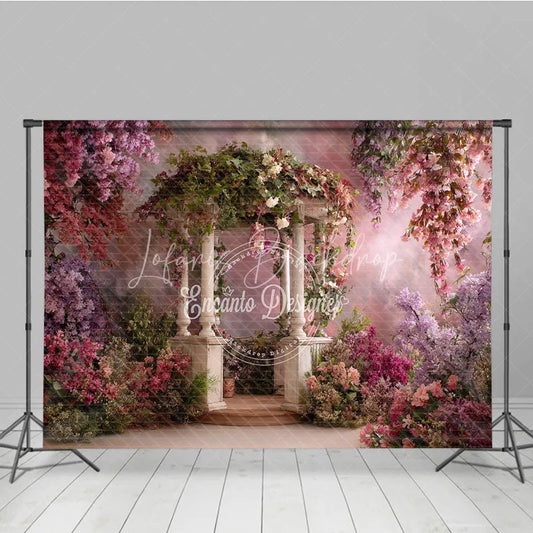 Lofaris Enchanted Garden Gazebo Photography Backdrop with Pink and Purple Wisteria Flowers Spring Summer Theme for Portraits