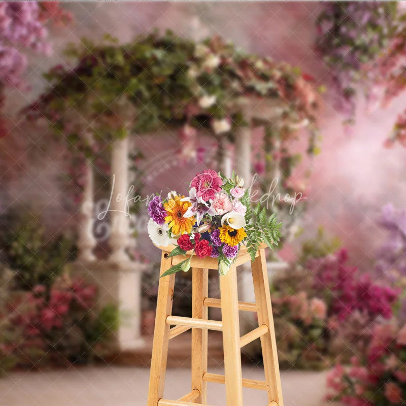Lofaris Enchanted Garden Gazebo Photography Backdrop with Pink and Purple Wisteria Flowers Spring Summer Theme for Portraits