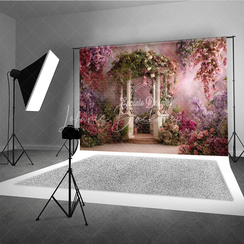 Lofaris Enchanted Garden Gazebo Photography Backdrop with Pink and Purple Wisteria Flowers Spring Summer Theme for Portraits