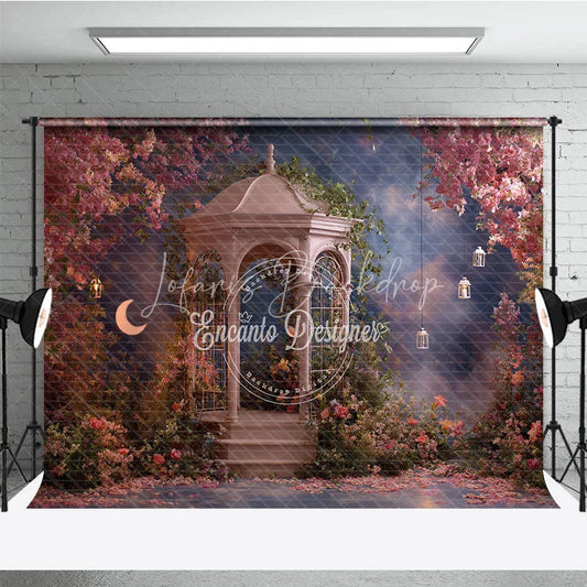 Lofaris Enchanted Garden Gazebo Photography Backdrop with Pink Flowers Crescent Moon and Lanterns Romantic Fairy Tale