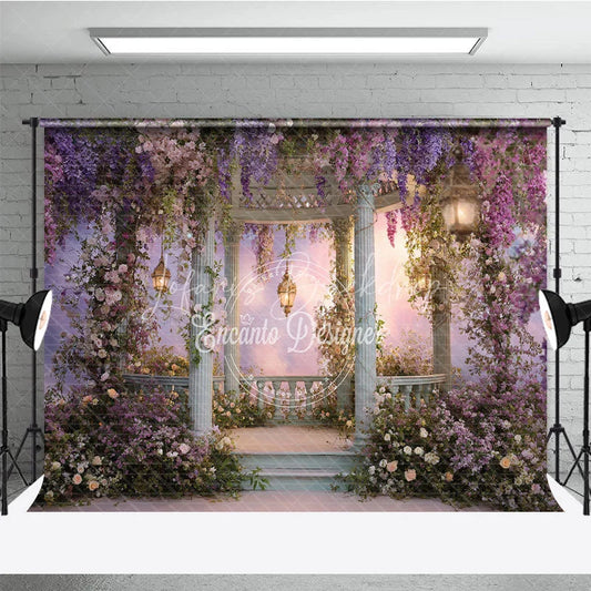 Lofaris Enchanted Garden Gazebo Photography Backdrop with Wisteria and Pink Flowers Dreamy Pastel Sky