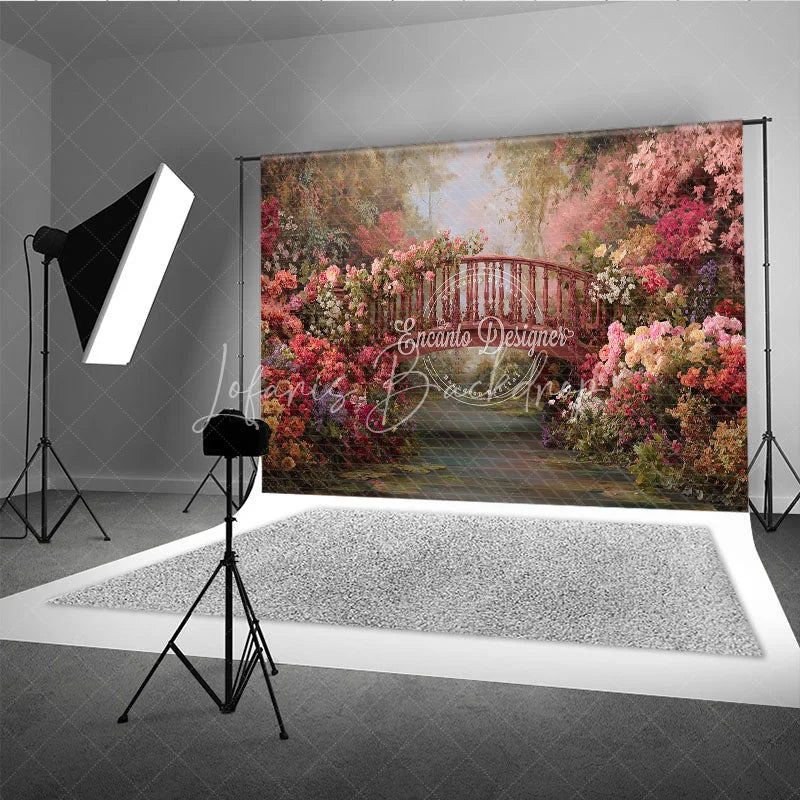 Lofaris Enchanted Garden Photography Backdrop Rustic Wooden Bridge Blooming Flowers Romantic Floral Scenery