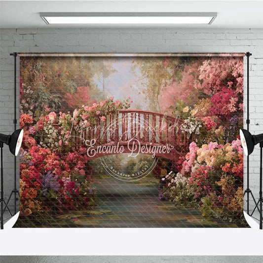 Lofaris Enchanted Garden Photography Backdrop Rustic Wooden Bridge Blooming Flowers Romantic Floral Scenery