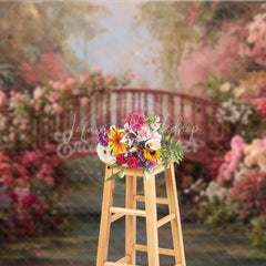 Lofaris Enchanted Garden Photography Backdrop Rustic Wooden Bridge Blooming Flowers Romantic Floral Scenery