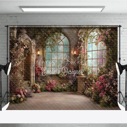 Lofaris Enchanted Garden Photography Backdrop with Arched Windows Blooming Pink Flowers Green Vines Elegant Stone Architecture