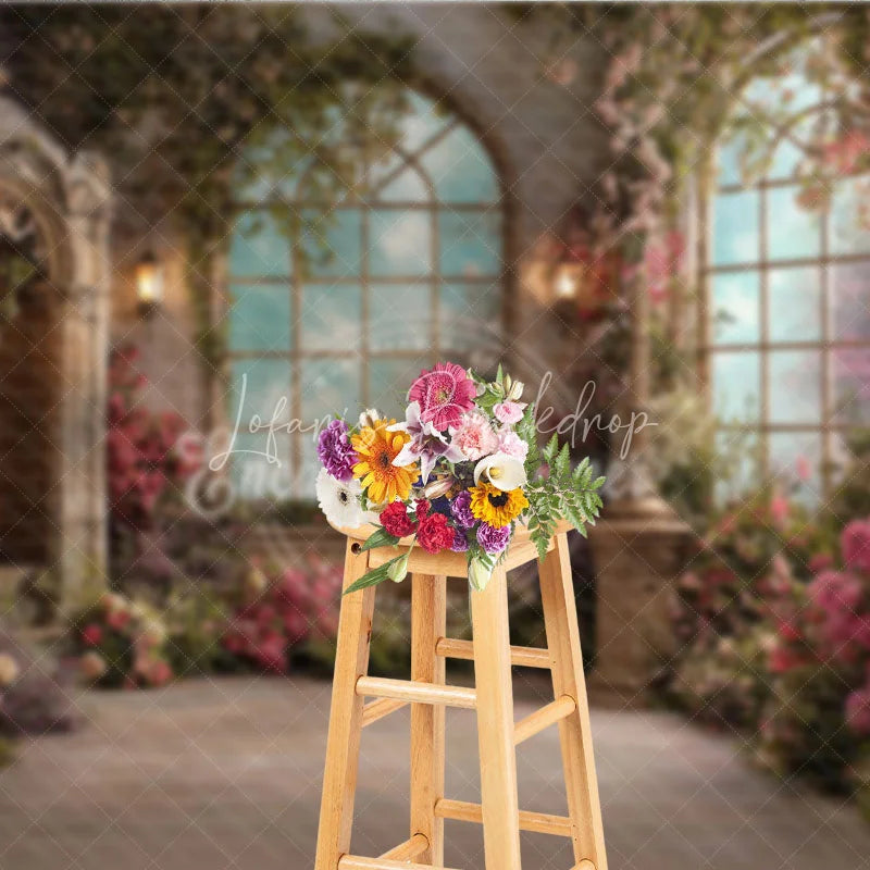 Lofaris Enchanted Garden Photography Backdrop with Arched Windows Blooming Pink Flowers Green Vines Elegant Stone Architecture