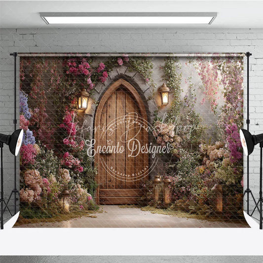 Lofaris Enchanted Garden Photography Backdrop with Arched Wooden Door Lush Flowers and Lanterns for Fairy Tale Theme