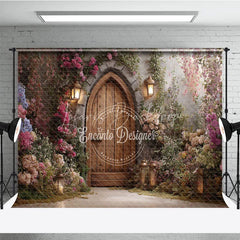 Lofaris Enchanted Garden Photography Backdrop with Arched Wooden Door Lush Flowers and Lanterns for Fairy Tale Theme