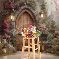 Lofaris Enchanted Garden Photography Backdrop with Arched Wooden Door Lush Flowers and Lanterns for Fairy Tale Theme