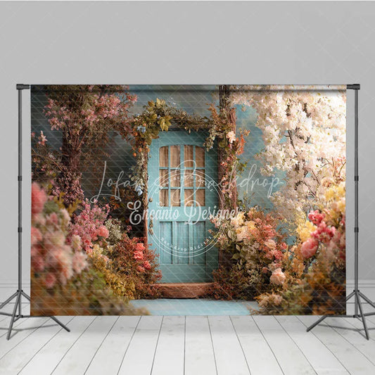 Lofaris Enchanted Garden Photography Backdrop with Light Blue Door and Pink White Flowers Spring Fairy Tale Theme