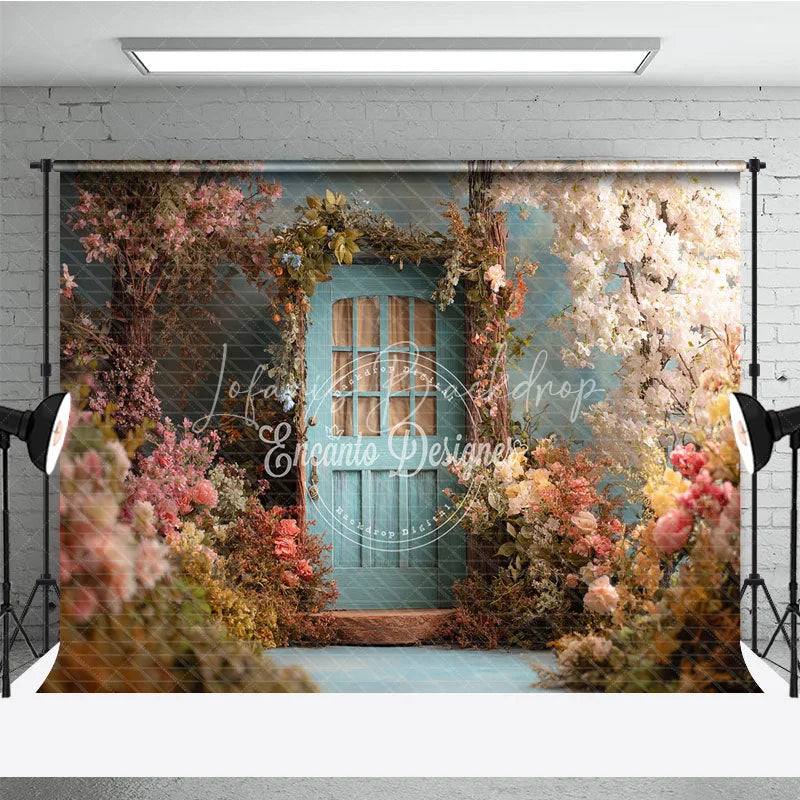 Lofaris Enchanted Garden Photography Backdrop with Light Blue Door and Pink White Flowers Spring Fairy Tale Theme