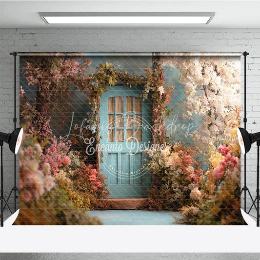 Lofaris Enchanted Garden Photography Backdrop with Light Blue Door and Pink White Flowers Spring Fairy Tale Theme