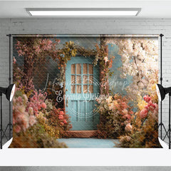 Lofaris Enchanted Garden Photography Backdrop with Light Blue Door and Pink White Flowers Spring Fairy Tale Theme