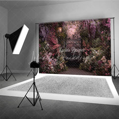Lofaris Enchanted Garden Photography Backdrop with Ornate Iron Gate Blooming Pink Purple Flowers and Vintage Lantern
