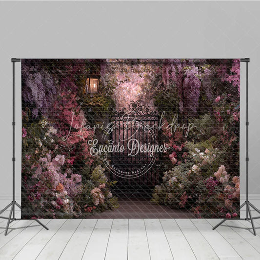 Lofaris Enchanted Garden Photography Backdrop with Ornate Iron Gate Blooming Pink Purple Flowers and Vintage Lantern