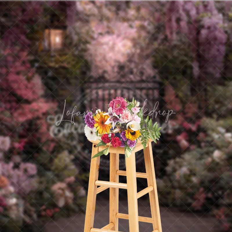 Lofaris Enchanted Garden Photography Backdrop with Ornate Iron Gate Blooming Pink Purple Flowers and Vintage Lantern
