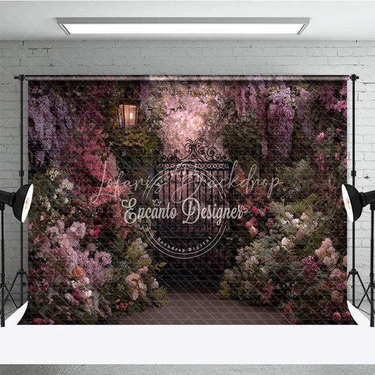 Lofaris Enchanted Garden Photography Backdrop with Ornate Iron Gate Blooming Pink Purple Flowers and Vintage Lantern