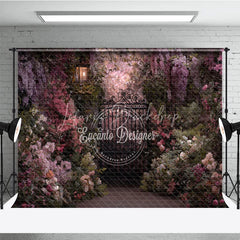 Lofaris Enchanted Garden Photography Backdrop with Ornate Iron Gate Blooming Pink Purple Flowers and Vintage Lantern