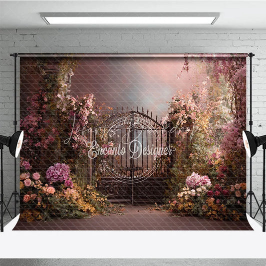 Lofaris Enchanted Garden Photography Backdrop with Ornate Iron Gate Pink Flowers and Lush Greenery for Romantic Portraits