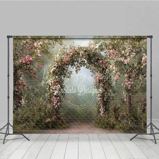 Lofaris Enchanted Garden Photography Backdrop with Pink Roses and Floral Arch Romantic Wedding Baby Shower Decor