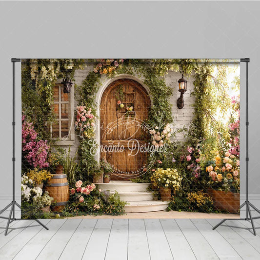 Lofaris Enchanted Garden Photography Backdrop with Rustic Wooden Door Lush Greenery and Colorful Flowers for Spring Portraits