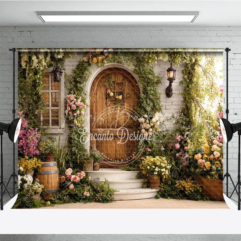 Lofaris Enchanted Garden Photography Backdrop with Rustic Wooden Door Lush Greenery and Colorful Flowers for Spring Portraits