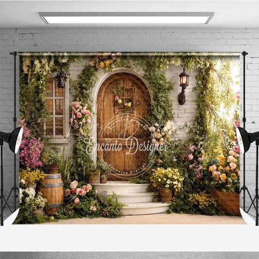 Lofaris Enchanted Garden Photography Backdrop with Rustic Wooden Door Lush Greenery and Colorful Flowers for Spring Portraits