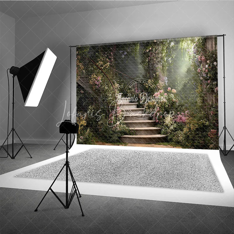 Lofaris Enchanted Garden Photography Backdrop with Winding Stone Staircase Lush Flowers and Magical Sunlight