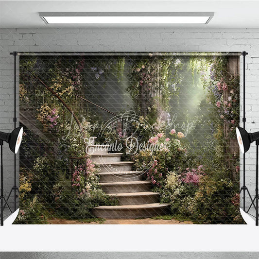 Lofaris Enchanted Garden Photography Backdrop with Winding Stone Staircase Lush Flowers and Magical Sunlight
